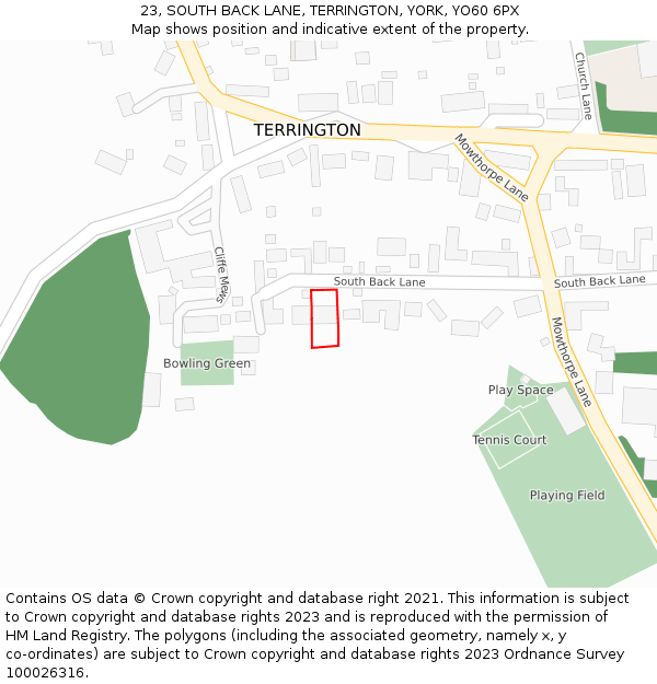 23, SOUTH BACK LANE, TERRINGTON, YORK, YO60 6PX: Location map and indicative extent of plot