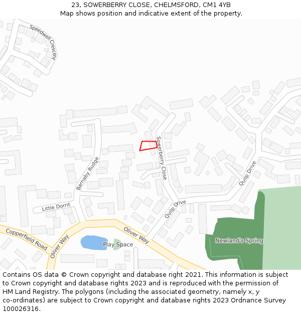 23, SOWERBERRY CLOSE, CHELMSFORD, CM1 4YB: Location map and indicative extent of plot