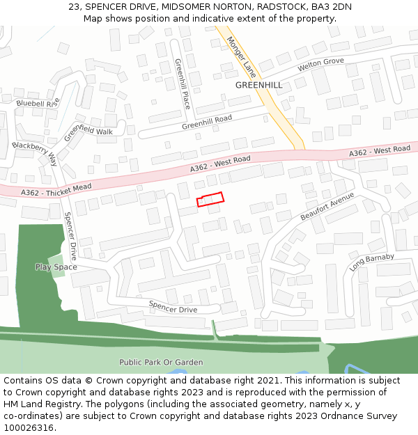 23, SPENCER DRIVE, MIDSOMER NORTON, RADSTOCK, BA3 2DN: Location map and indicative extent of plot