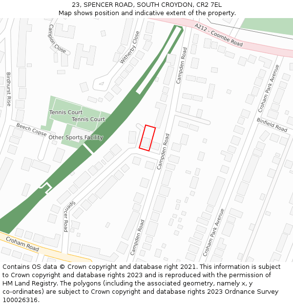 23, SPENCER ROAD, SOUTH CROYDON, CR2 7EL: Location map and indicative extent of plot