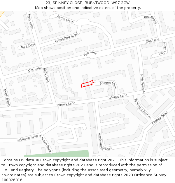 23, SPINNEY CLOSE, BURNTWOOD, WS7 2GW: Location map and indicative extent of plot