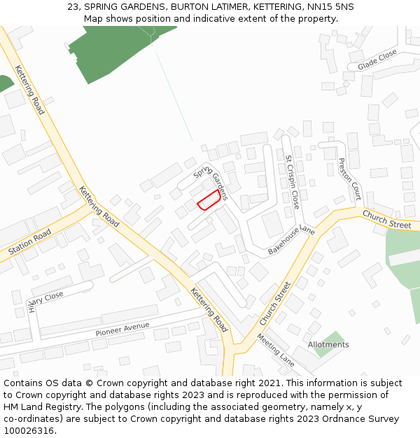 23, SPRING GARDENS, BURTON LATIMER, KETTERING, NN15 5NS: Location map and indicative extent of plot