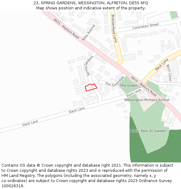 23, SPRING GARDENS, WESSINGTON, ALFRETON, DE55 6FQ: Location map and indicative extent of plot
