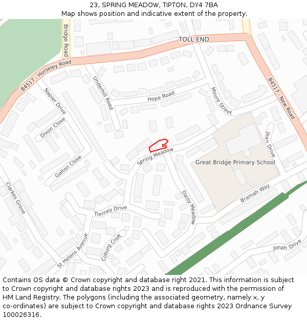23, SPRING MEADOW, TIPTON, DY4 7BA: Location map and indicative extent of plot