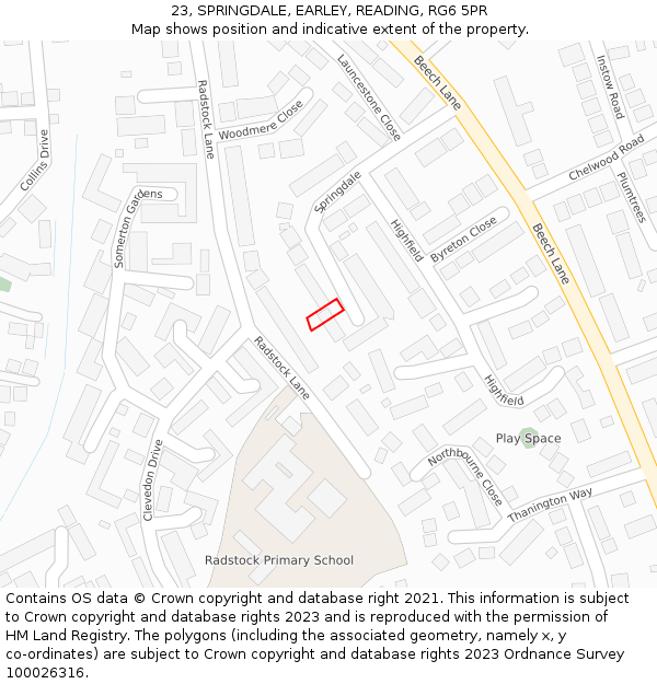 23, SPRINGDALE, EARLEY, READING, RG6 5PR: Location map and indicative extent of plot
