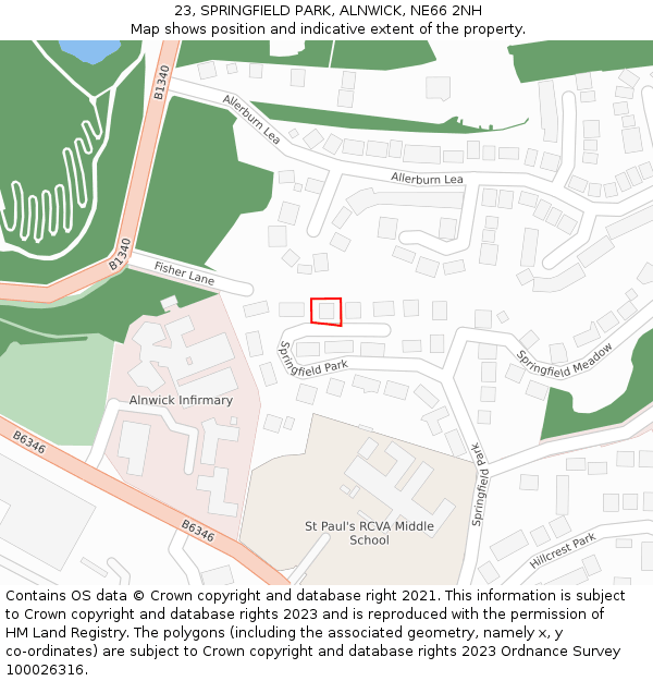 23, SPRINGFIELD PARK, ALNWICK, NE66 2NH: Location map and indicative extent of plot