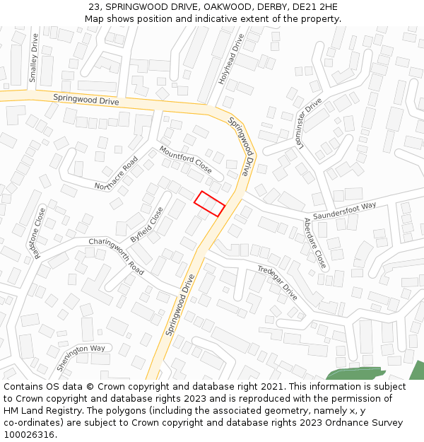 23, SPRINGWOOD DRIVE, OAKWOOD, DERBY, DE21 2HE: Location map and indicative extent of plot