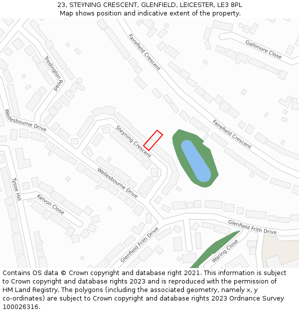 23, STEYNING CRESCENT, GLENFIELD, LEICESTER, LE3 8PL: Location map and indicative extent of plot