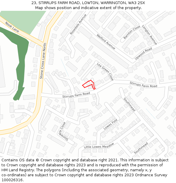 23, STIRRUPS FARM ROAD, LOWTON, WARRINGTON, WA3 2SX: Location map and indicative extent of plot