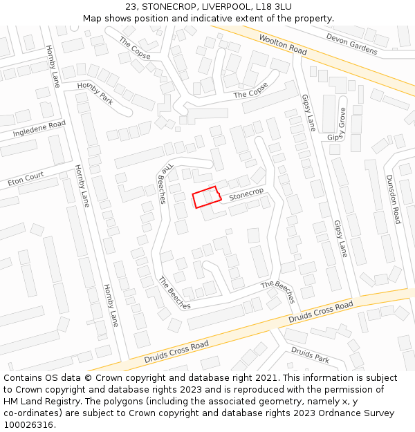 23, STONECROP, LIVERPOOL, L18 3LU: Location map and indicative extent of plot
