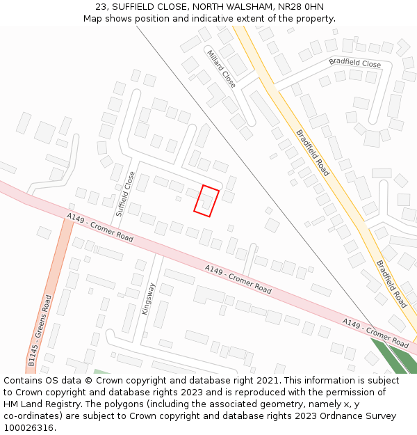 23, SUFFIELD CLOSE, NORTH WALSHAM, NR28 0HN: Location map and indicative extent of plot