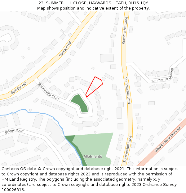 23, SUMMERHILL CLOSE, HAYWARDS HEATH, RH16 1QY: Location map and indicative extent of plot