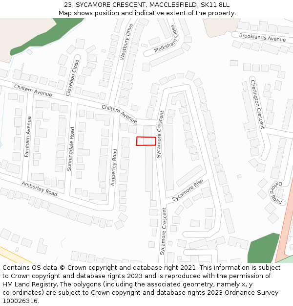 23, SYCAMORE CRESCENT, MACCLESFIELD, SK11 8LL: Location map and indicative extent of plot