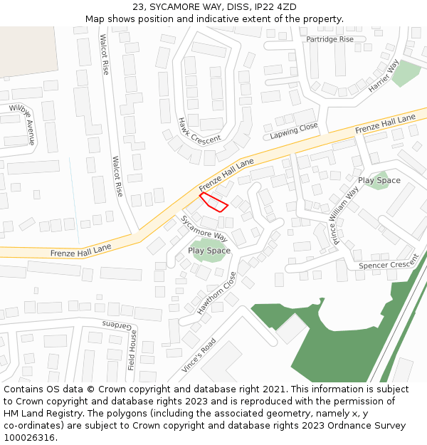 23, SYCAMORE WAY, DISS, IP22 4ZD: Location map and indicative extent of plot