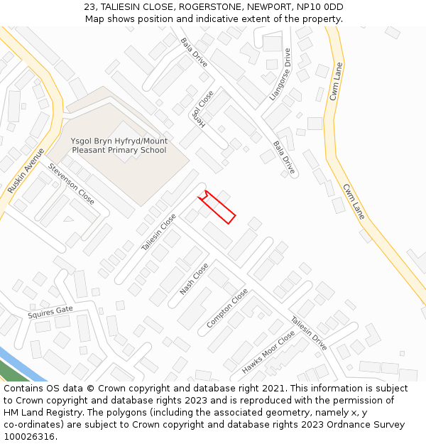 23, TALIESIN CLOSE, ROGERSTONE, NEWPORT, NP10 0DD: Location map and indicative extent of plot
