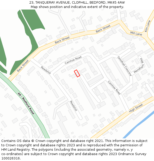 23, TANQUERAY AVENUE, CLOPHILL, BEDFORD, MK45 4AW: Location map and indicative extent of plot