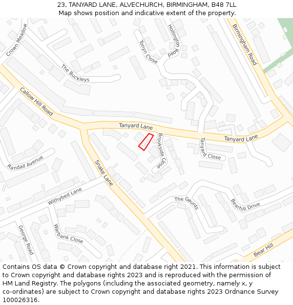 23, TANYARD LANE, ALVECHURCH, BIRMINGHAM, B48 7LL: Location map and indicative extent of plot