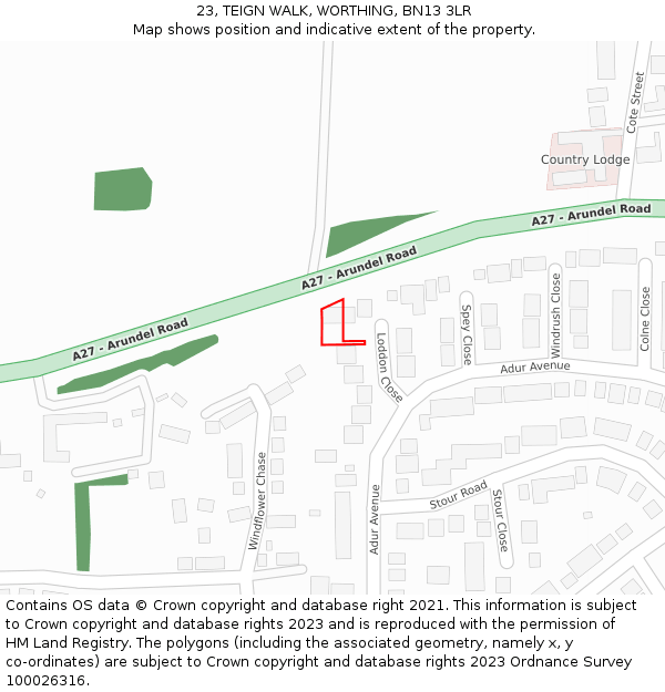 23, TEIGN WALK, WORTHING, BN13 3LR: Location map and indicative extent of plot