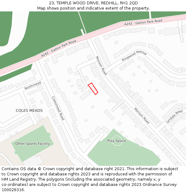 23, TEMPLE WOOD DRIVE, REDHILL, RH1 2QD: Location map and indicative extent of plot