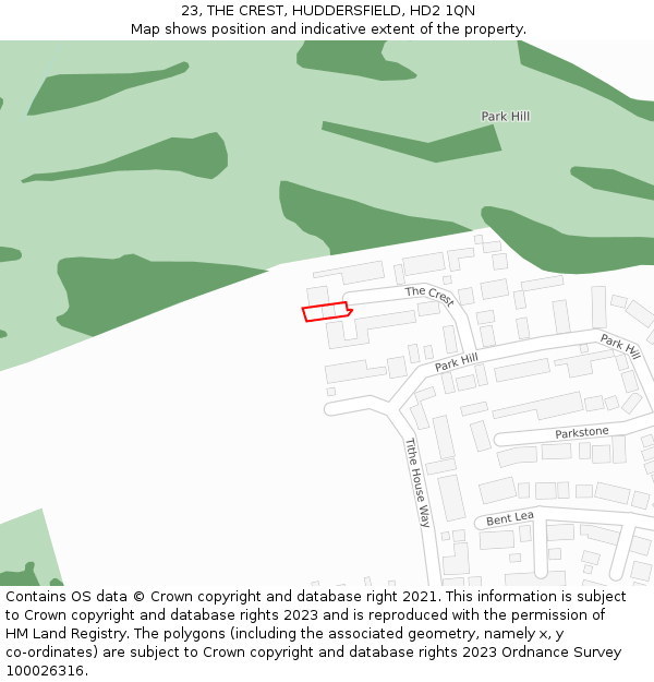 23, THE CREST, HUDDERSFIELD, HD2 1QN: Location map and indicative extent of plot