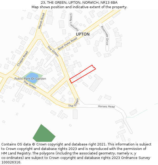 23, THE GREEN, UPTON, NORWICH, NR13 6BA: Location map and indicative extent of plot
