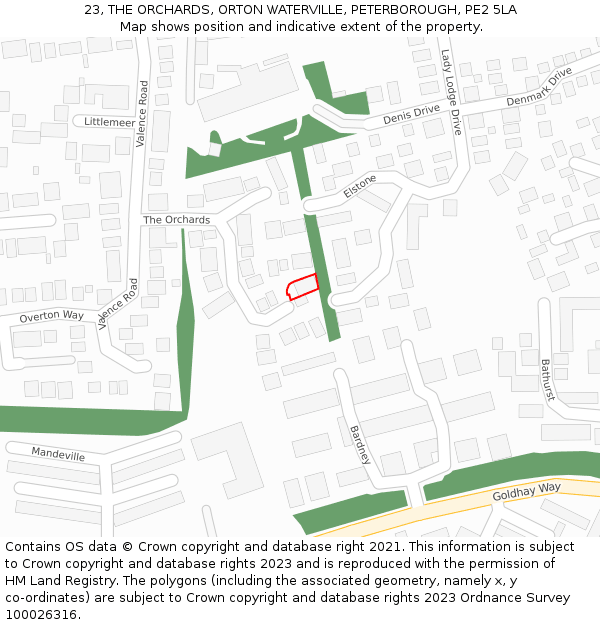23, THE ORCHARDS, ORTON WATERVILLE, PETERBOROUGH, PE2 5LA: Location map and indicative extent of plot