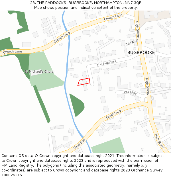 23, THE PADDOCKS, BUGBROOKE, NORTHAMPTON, NN7 3QR: Location map and indicative extent of plot