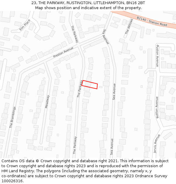 23, THE PARKWAY, RUSTINGTON, LITTLEHAMPTON, BN16 2BT: Location map and indicative extent of plot