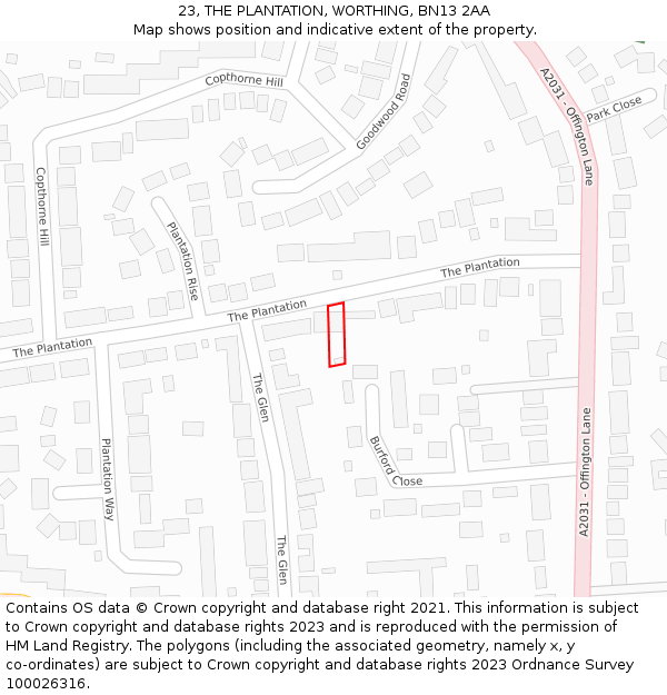 23, THE PLANTATION, WORTHING, BN13 2AA: Location map and indicative extent of plot