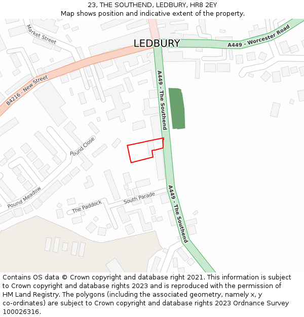 23, THE SOUTHEND, LEDBURY, HR8 2EY: Location map and indicative extent of plot