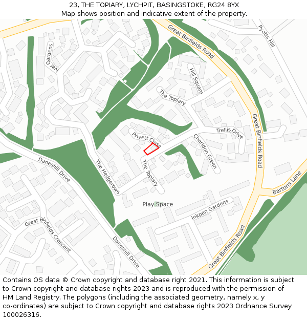 23, THE TOPIARY, LYCHPIT, BASINGSTOKE, RG24 8YX: Location map and indicative extent of plot