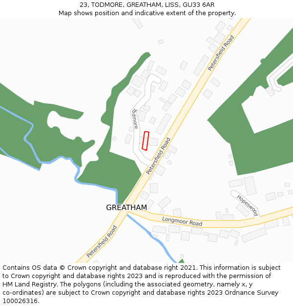 23, TODMORE, GREATHAM, LISS, GU33 6AR: Location map and indicative extent of plot