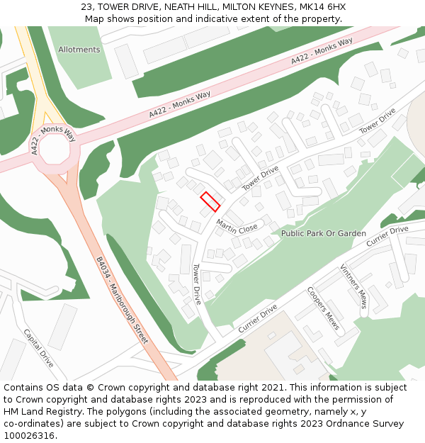 23, TOWER DRIVE, NEATH HILL, MILTON KEYNES, MK14 6HX: Location map and indicative extent of plot
