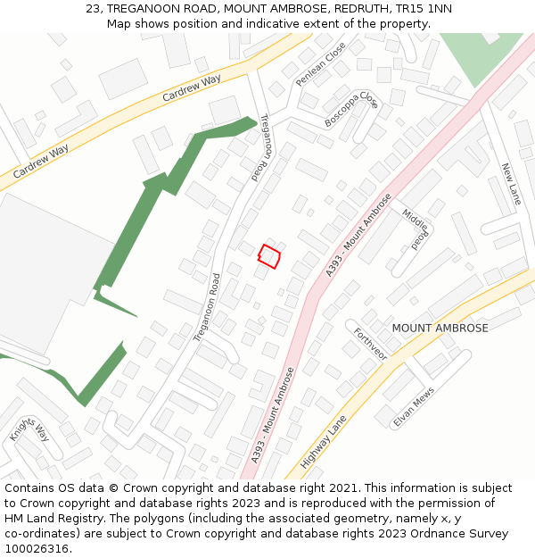 23, TREGANOON ROAD, MOUNT AMBROSE, REDRUTH, TR15 1NN: Location map and indicative extent of plot