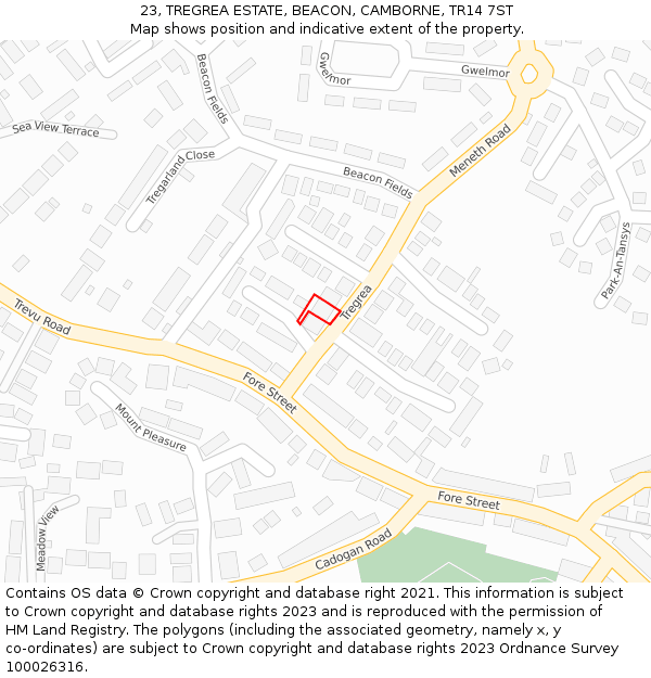 23, TREGREA ESTATE, BEACON, CAMBORNE, TR14 7ST: Location map and indicative extent of plot