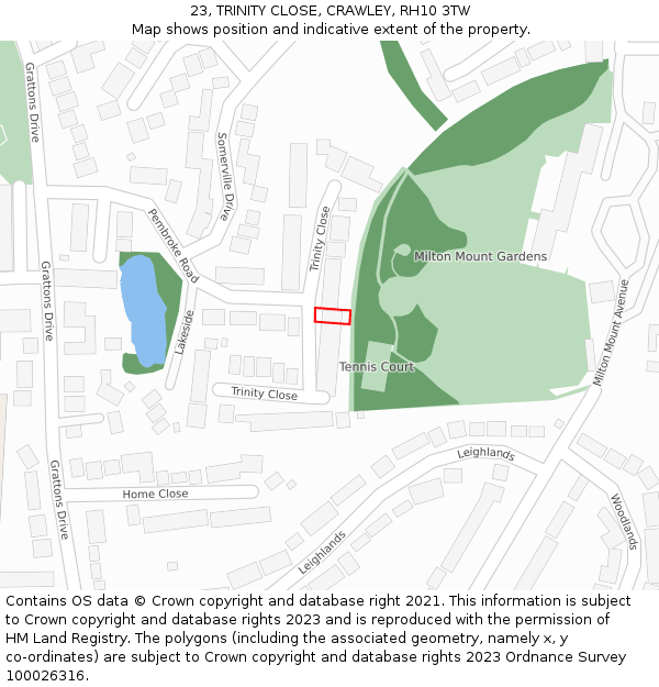 23, TRINITY CLOSE, CRAWLEY, RH10 3TW: Location map and indicative extent of plot