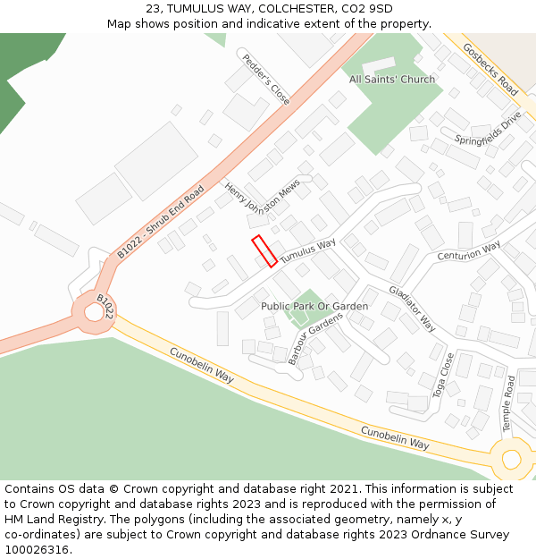 23, TUMULUS WAY, COLCHESTER, CO2 9SD: Location map and indicative extent of plot