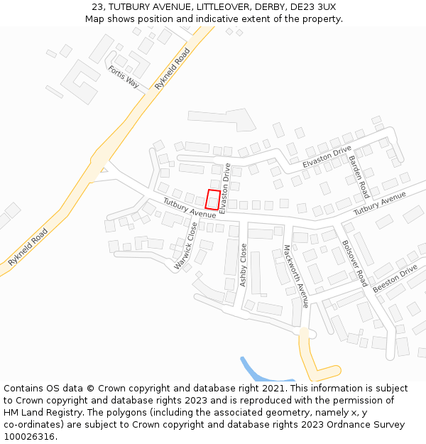 23, TUTBURY AVENUE, LITTLEOVER, DERBY, DE23 3UX: Location map and indicative extent of plot
