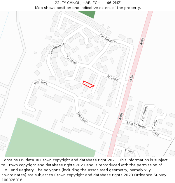 23, TY CANOL, HARLECH, LL46 2NZ: Location map and indicative extent of plot