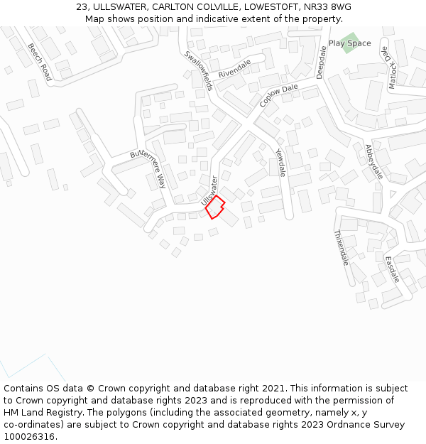23, ULLSWATER, CARLTON COLVILLE, LOWESTOFT, NR33 8WG: Location map and indicative extent of plot