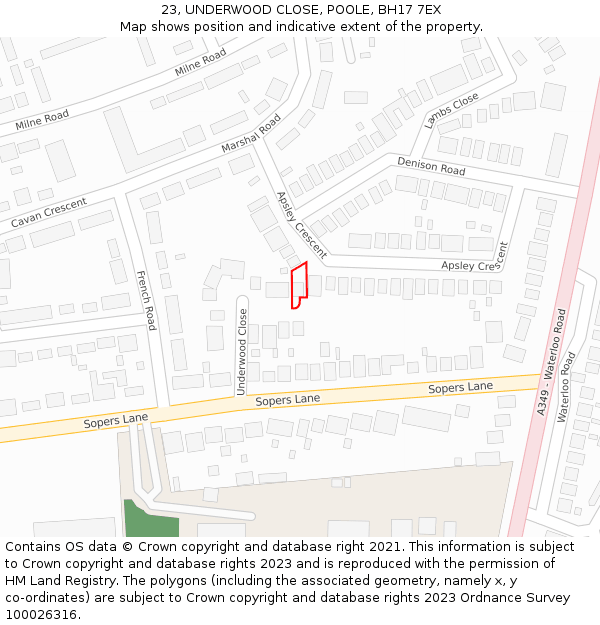 23, UNDERWOOD CLOSE, POOLE, BH17 7EX: Location map and indicative extent of plot