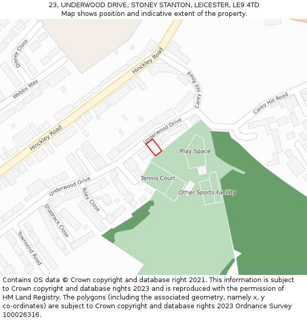23, UNDERWOOD DRIVE, STONEY STANTON, LEICESTER, LE9 4TD: Location map and indicative extent of plot