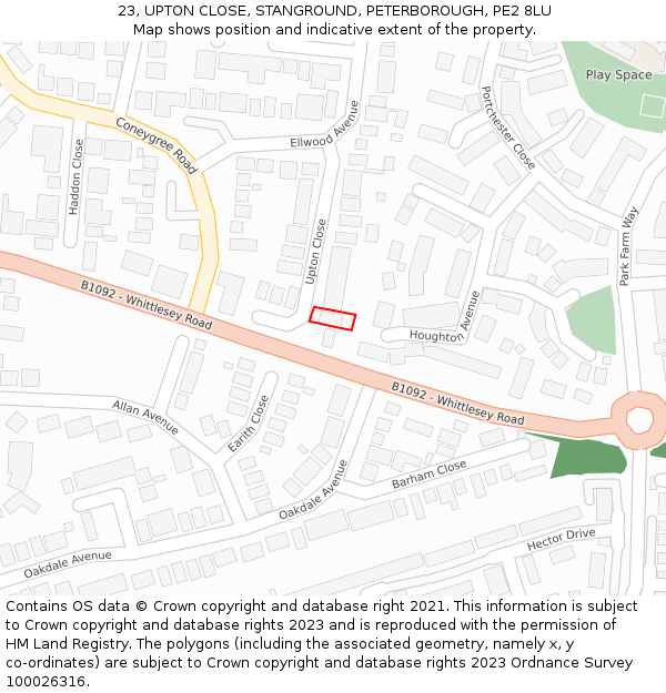 23, UPTON CLOSE, STANGROUND, PETERBOROUGH, PE2 8LU: Location map and indicative extent of plot