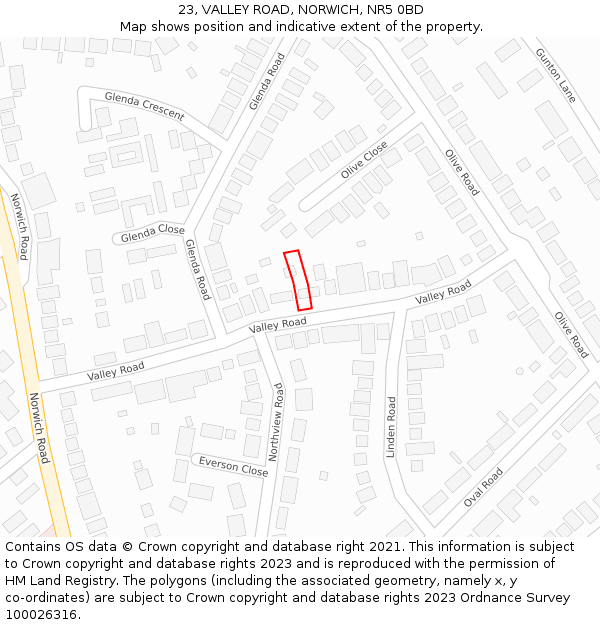 23, VALLEY ROAD, NORWICH, NR5 0BD: Location map and indicative extent of plot