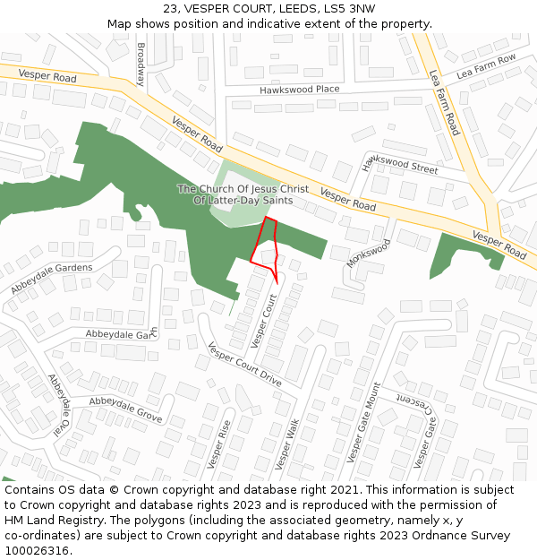 23, VESPER COURT, LEEDS, LS5 3NW: Location map and indicative extent of plot
