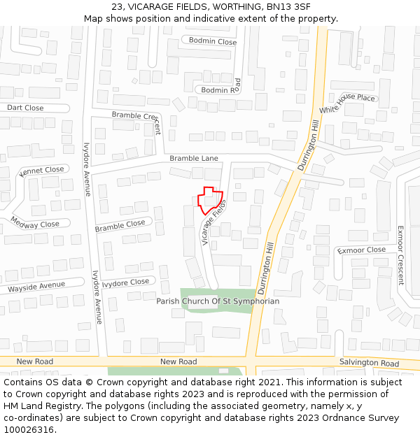 23, VICARAGE FIELDS, WORTHING, BN13 3SF: Location map and indicative extent of plot