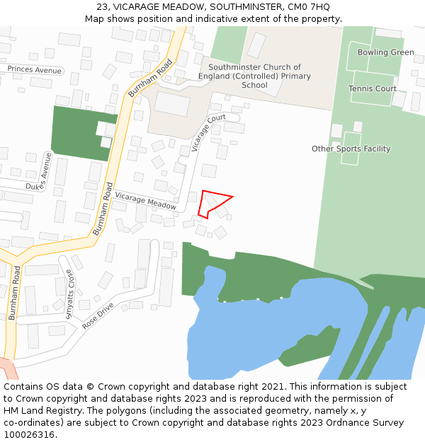 23, VICARAGE MEADOW, SOUTHMINSTER, CM0 7HQ: Location map and indicative extent of plot