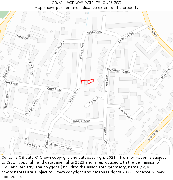 23, VILLAGE WAY, YATELEY, GU46 7SD: Location map and indicative extent of plot