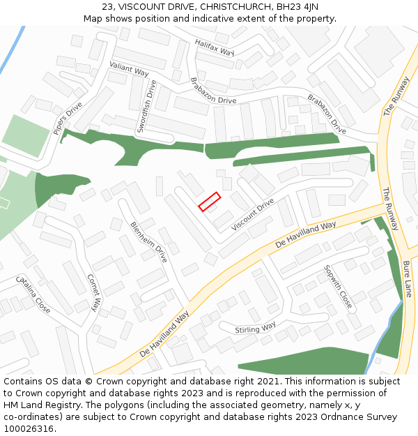 23, VISCOUNT DRIVE, CHRISTCHURCH, BH23 4JN: Location map and indicative extent of plot