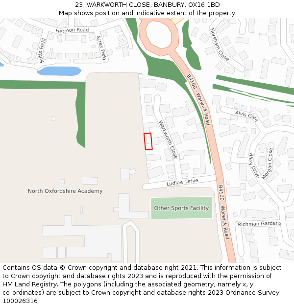 23, WARKWORTH CLOSE, BANBURY, OX16 1BD: Location map and indicative extent of plot